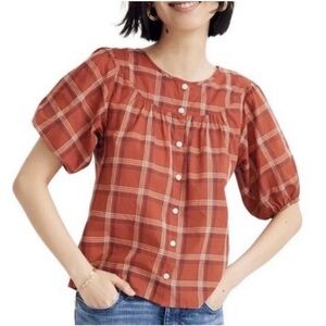 EUC Madewell Plaid Button-Up Peasant Blouse